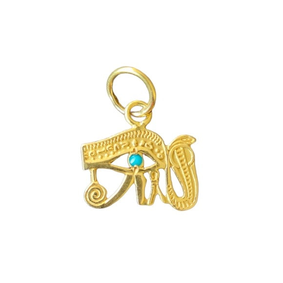 14K Yellow Gold Egyptian Eye of Horus Pendant With Turquoise Center Stone